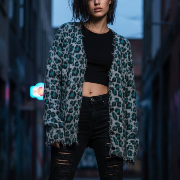 $595 R13 distressed edgy blue gray leopard oversized cardigan S - Picture 1 of 16